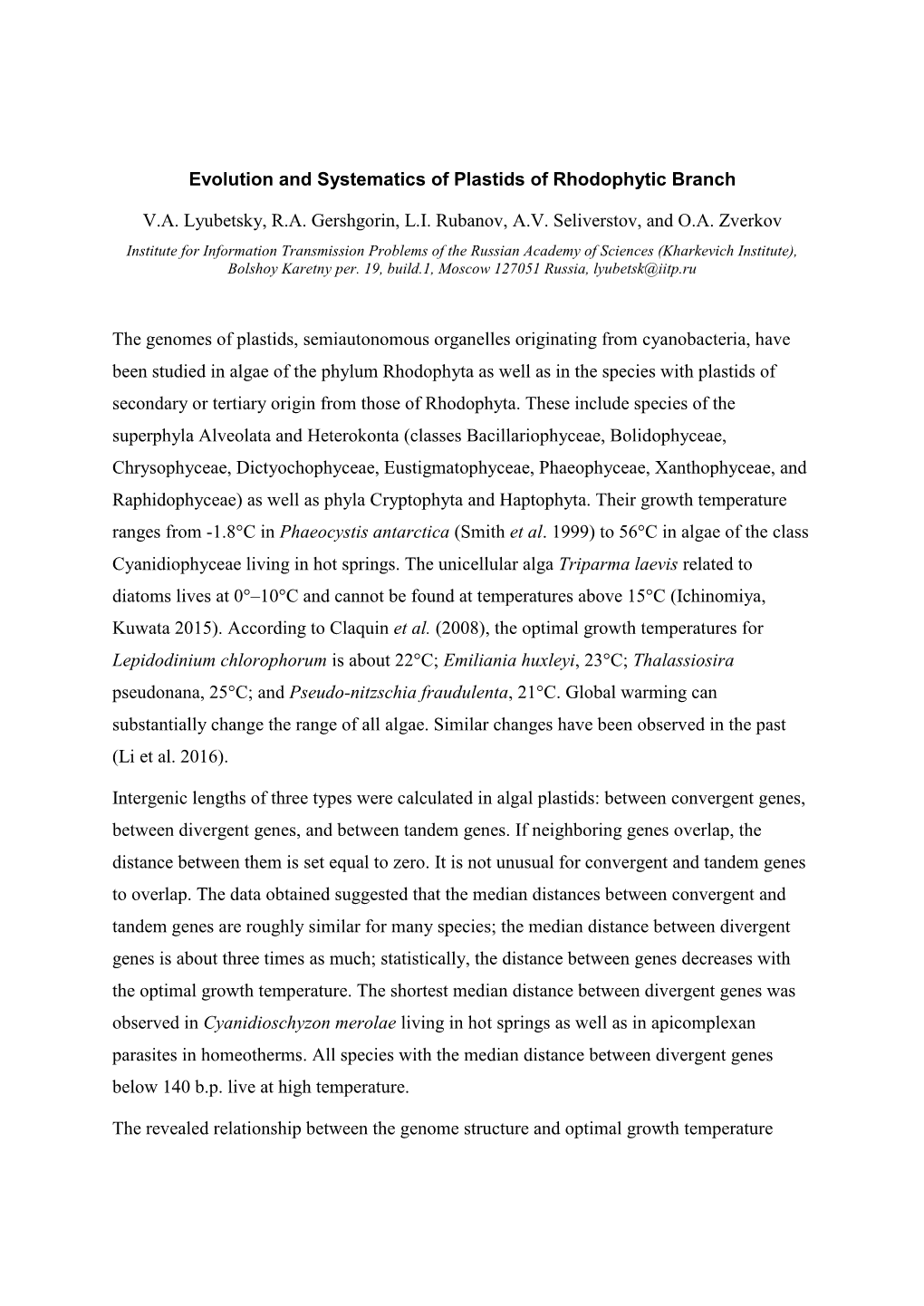 Evolution and Systematics of Plastids of Rhodophytic Branch V.A