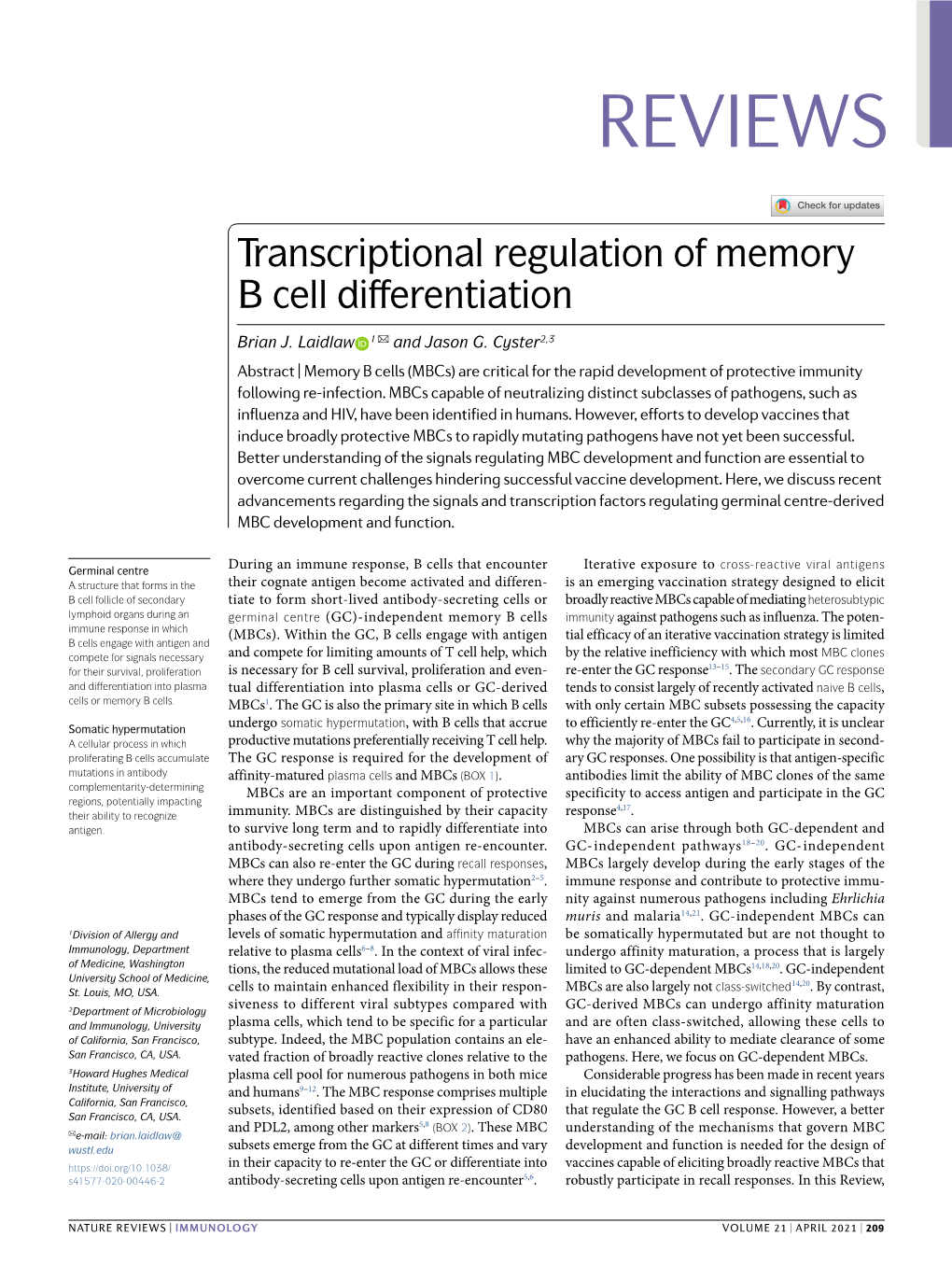 Transcriptional Regulation of Memory B Cell Differentiation