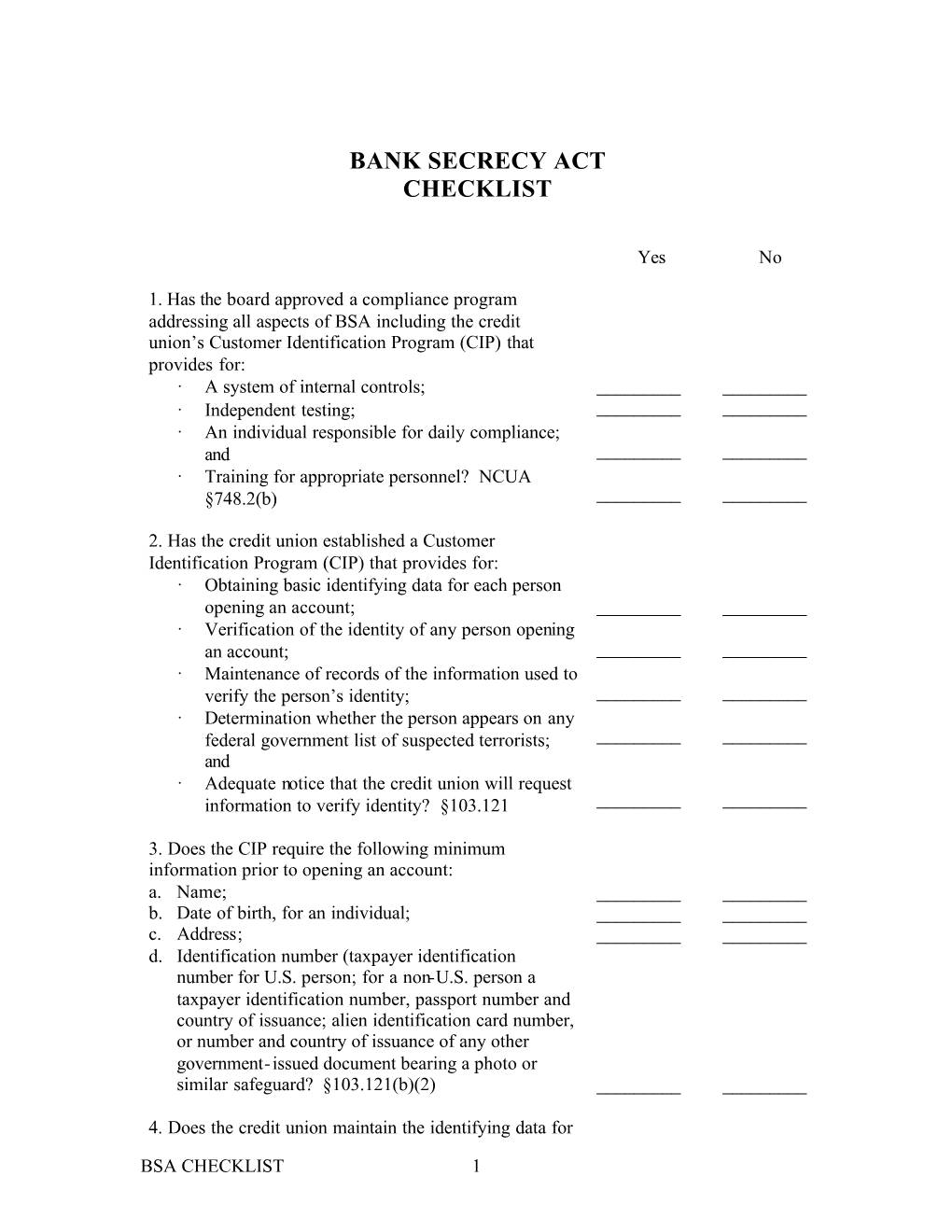 Bank Secrecy Act Checklist