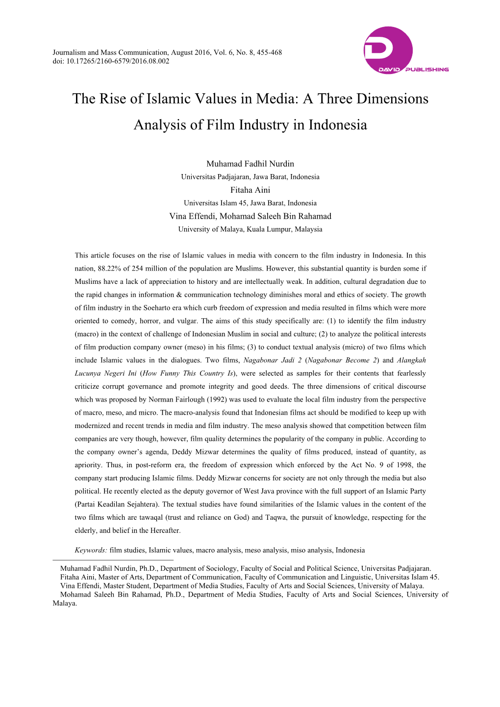 The Rise of Islamic Values in Media: a Three Dimensions Analysis of Film Industry in Indonesia