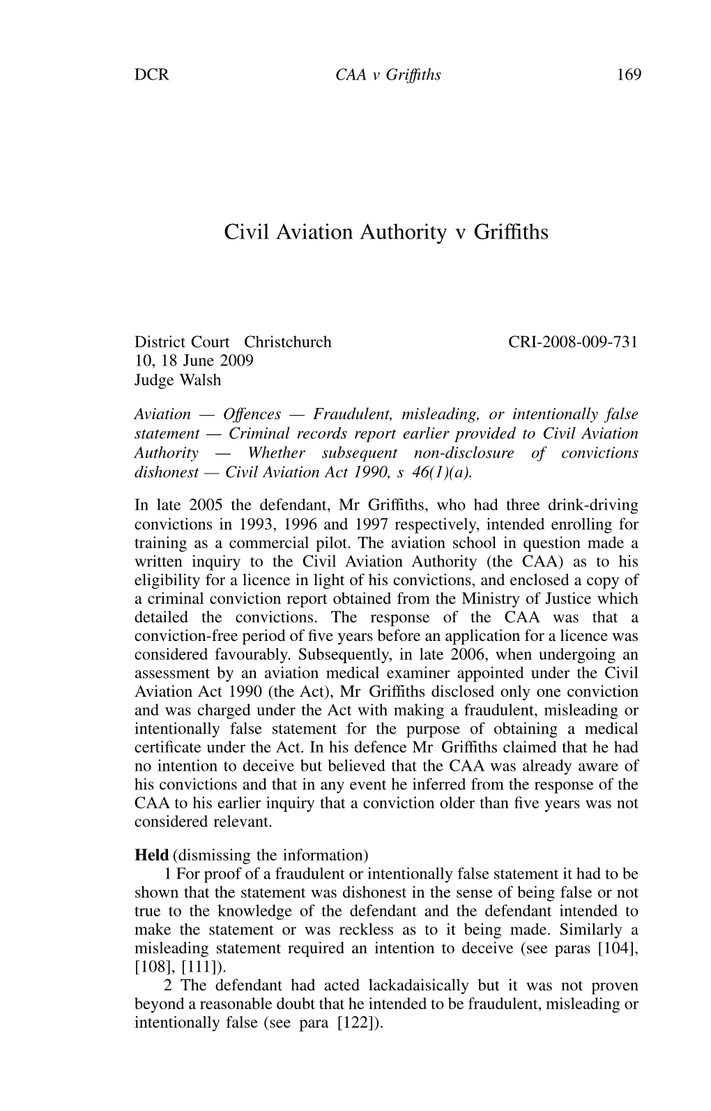 Civil Aviation Authority V Griffiths