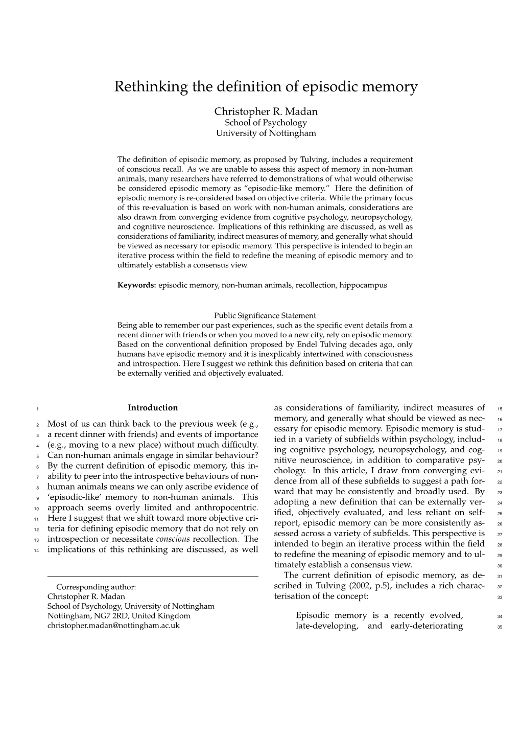 Rethinking the Definition of Episodic Memory