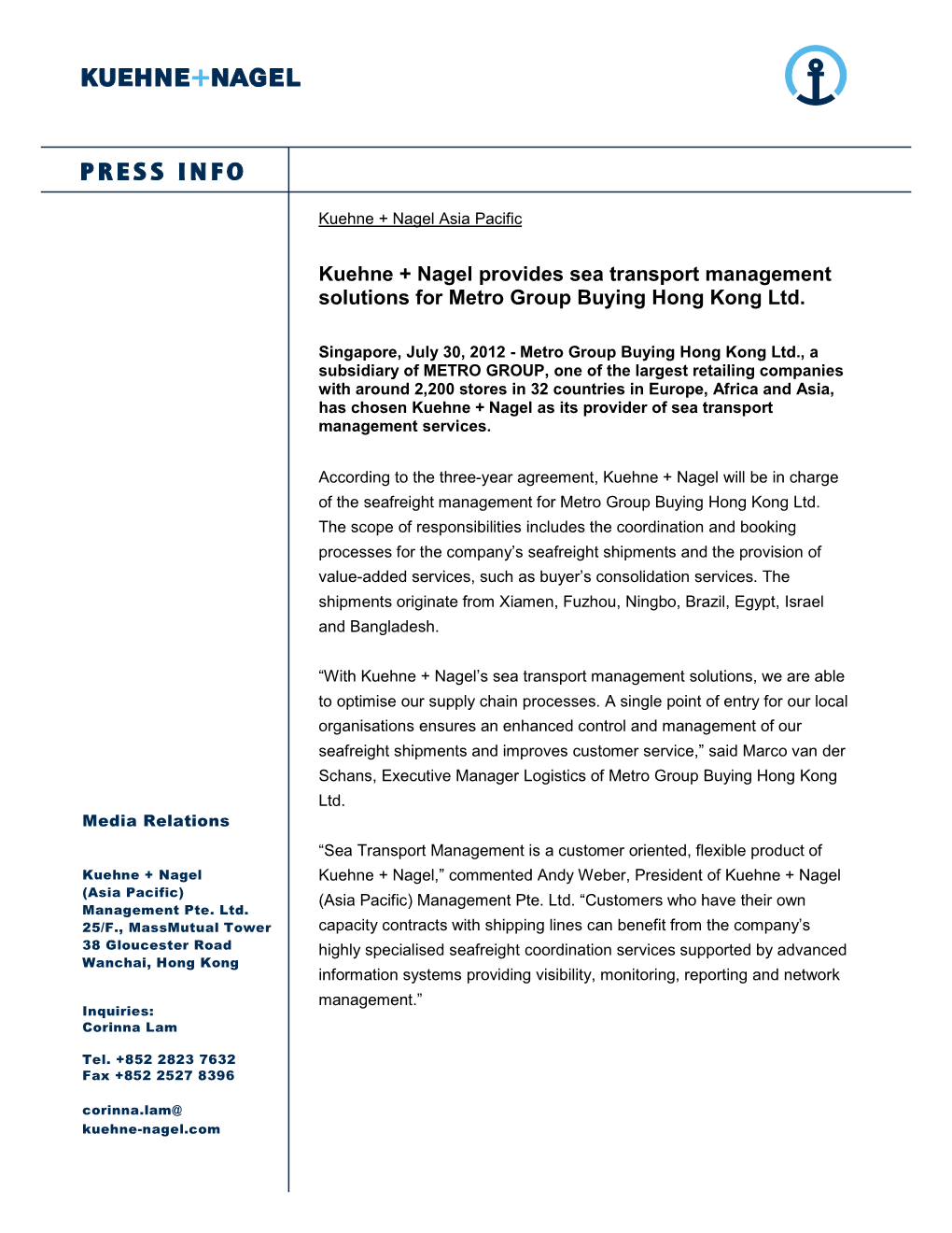 Kuehne + Nagel Provides Sea Transport Management Solutions for Metro Group Buying Hong Kong Ltd