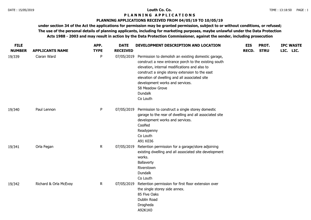 FILE NUMBER Louth Co. Co. P L a N N I N G a P P L I C a T I O N S PLANNING APPLICATIONS RECEIVED from 04/05/19 to 10/05/19