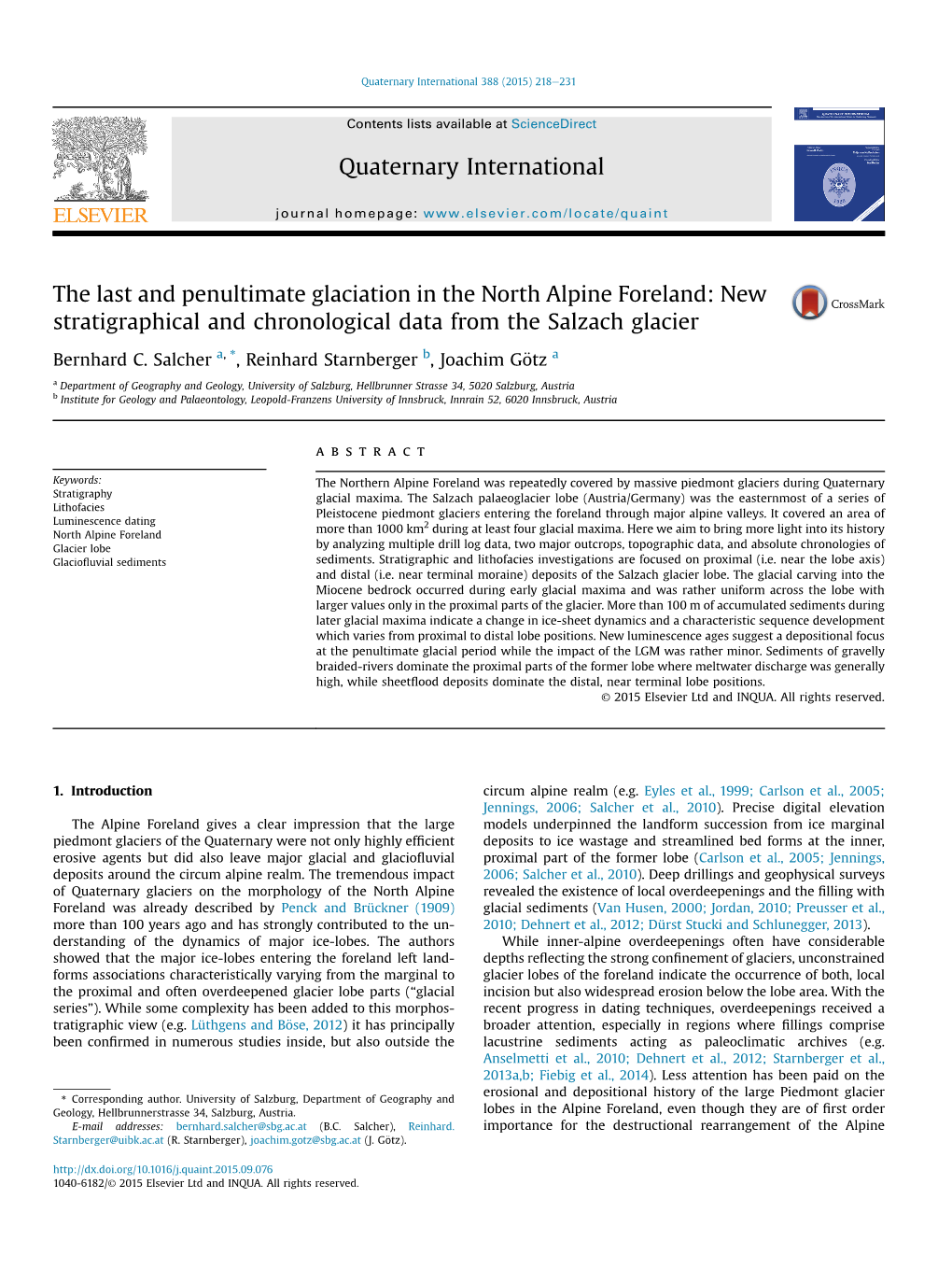 The Last and Penultimate Glaciation in the North Alpine Foreland: New Stratigraphical and Chronological Data from the Salzach Glacier