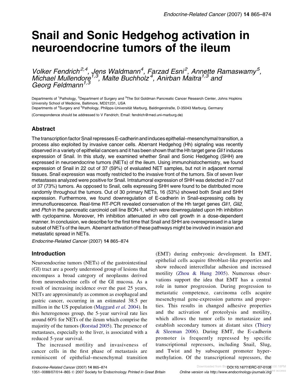 Snail and Sonic Hedgehog Activation in Neuroendocrine Tumors of the Ileum