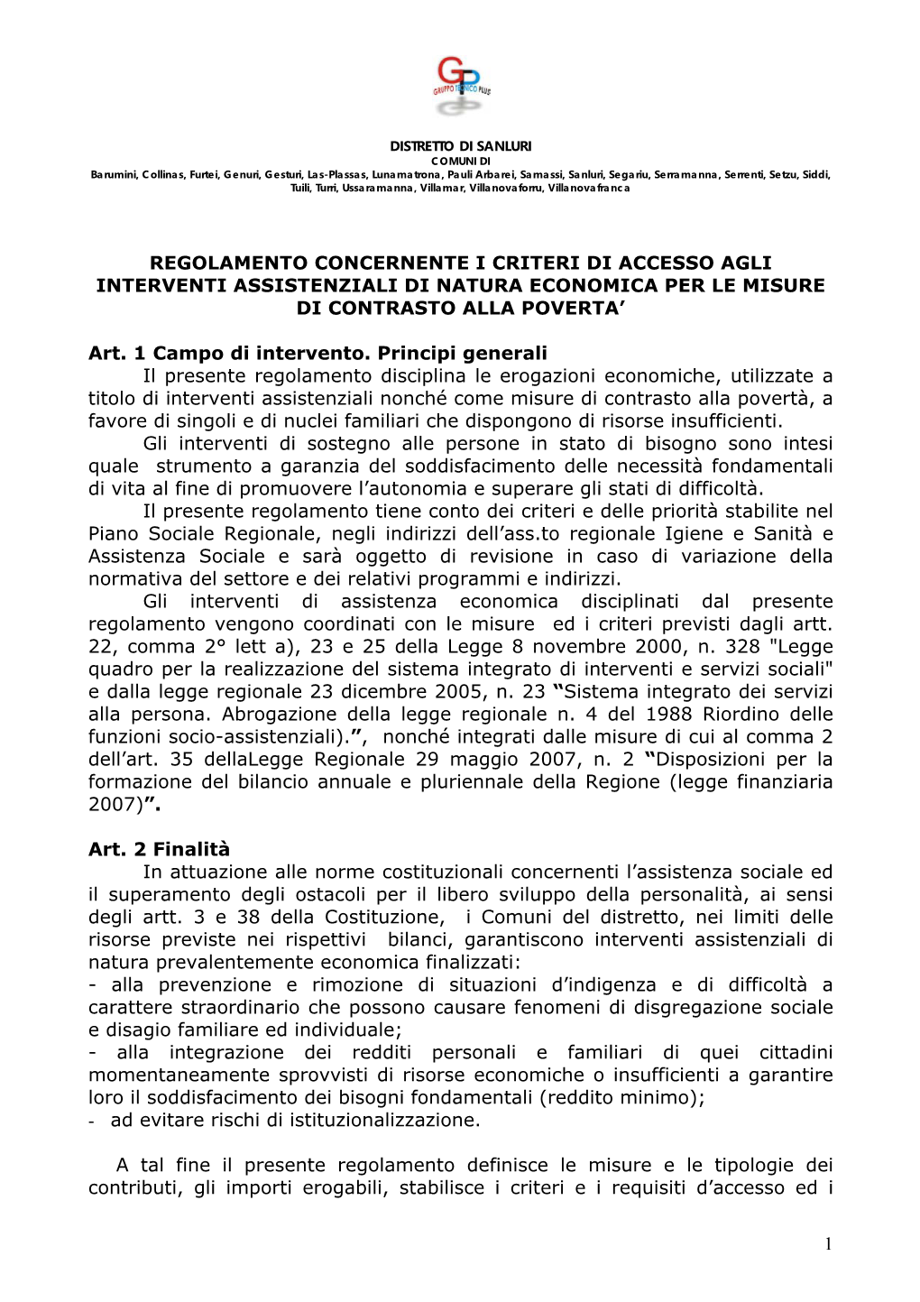 Regolamento Concernente I Criteri Di Accesso Agli Interventi Assistenziali Di Natura Economica Per Le Misure Di Contrasto Alla Poverta’