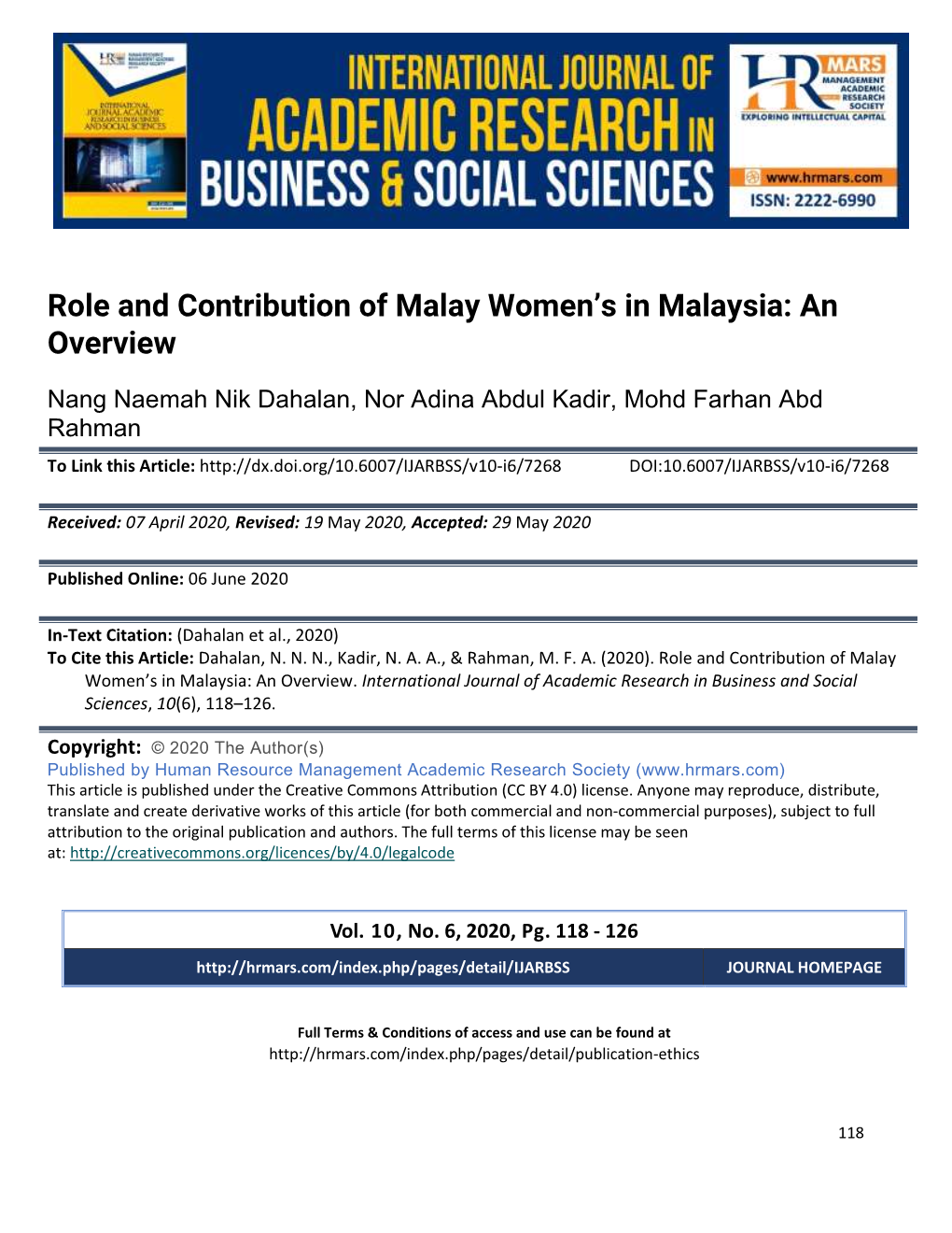 Role and Contribution of Malay Women's in Malaysia: an Overview