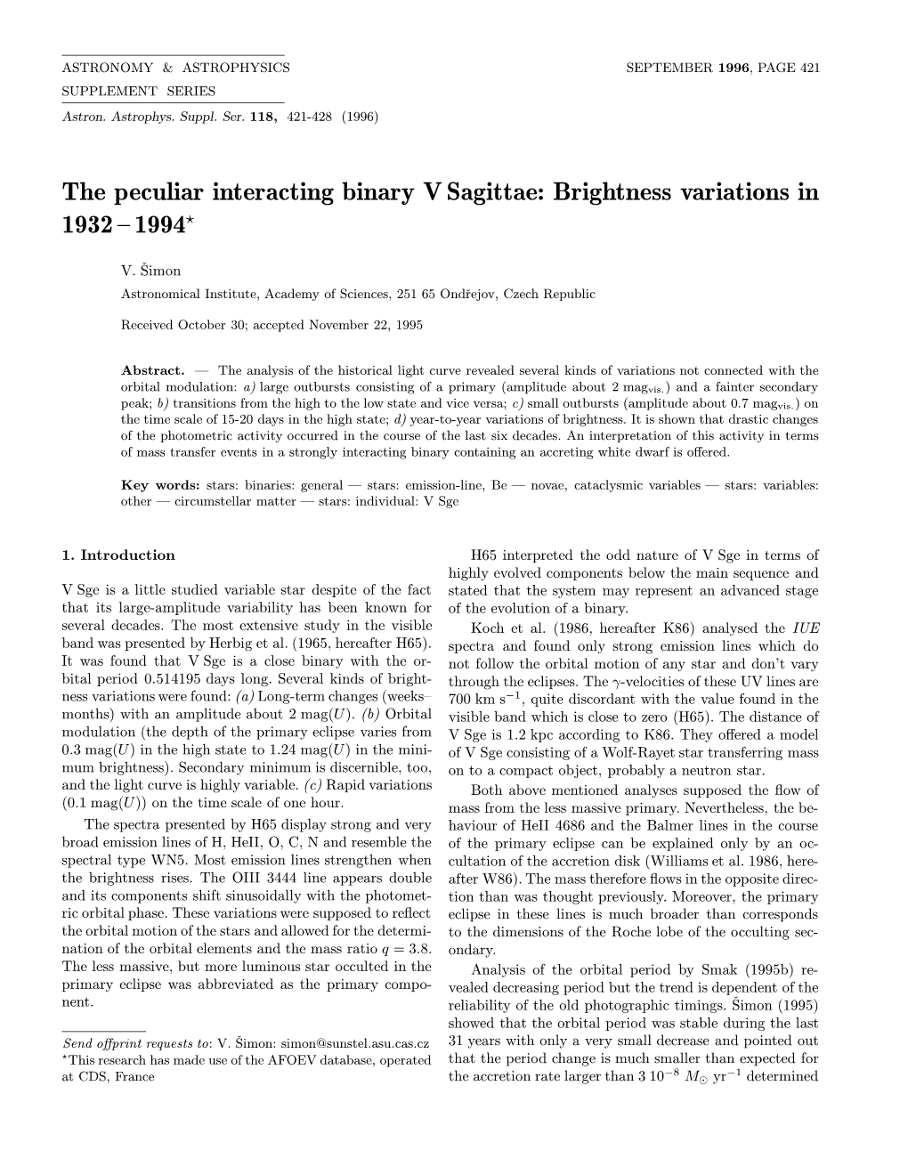 The Peculiar Interacting Binary V Sagittae: Brightness Variations in 1932 – 1994?