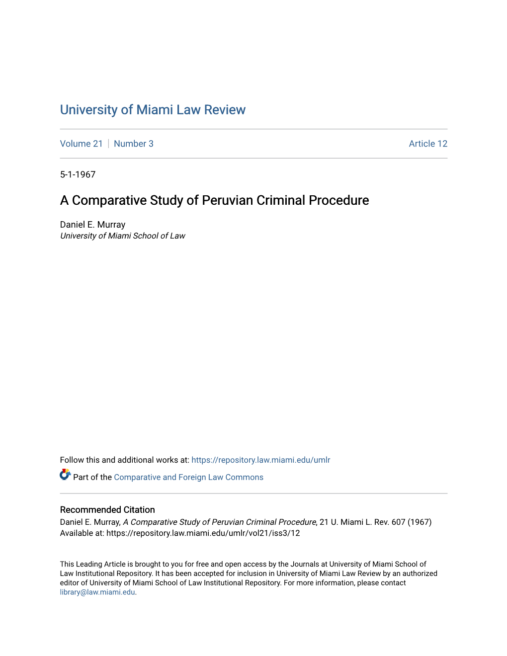A Comparative Study of Peruvian Criminal Procedure