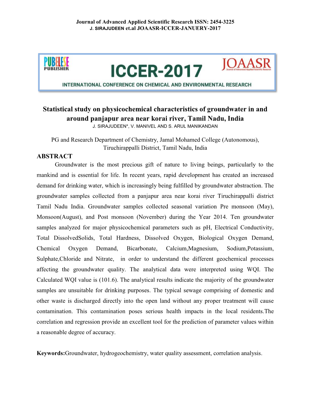 Statistical Study on Physicochemical Characteristics of Groundwater in and Around Panjapur Area Near Korai River, Tamil Nadu, India J