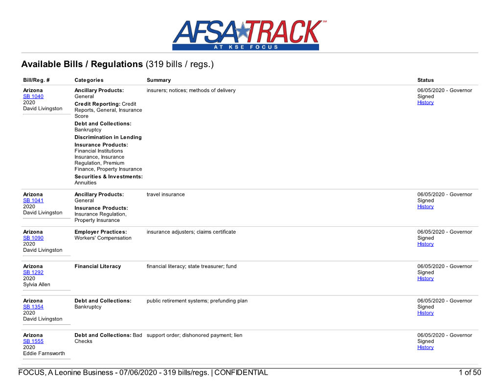 Available Bills / Regulations (319 Bills / Regs.)