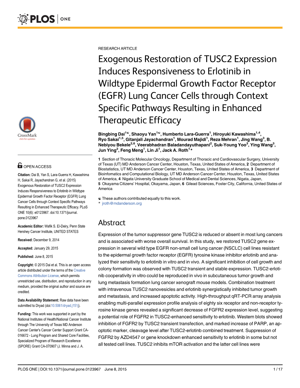 Exogenous Restoration of TUSC2 Expression Induces