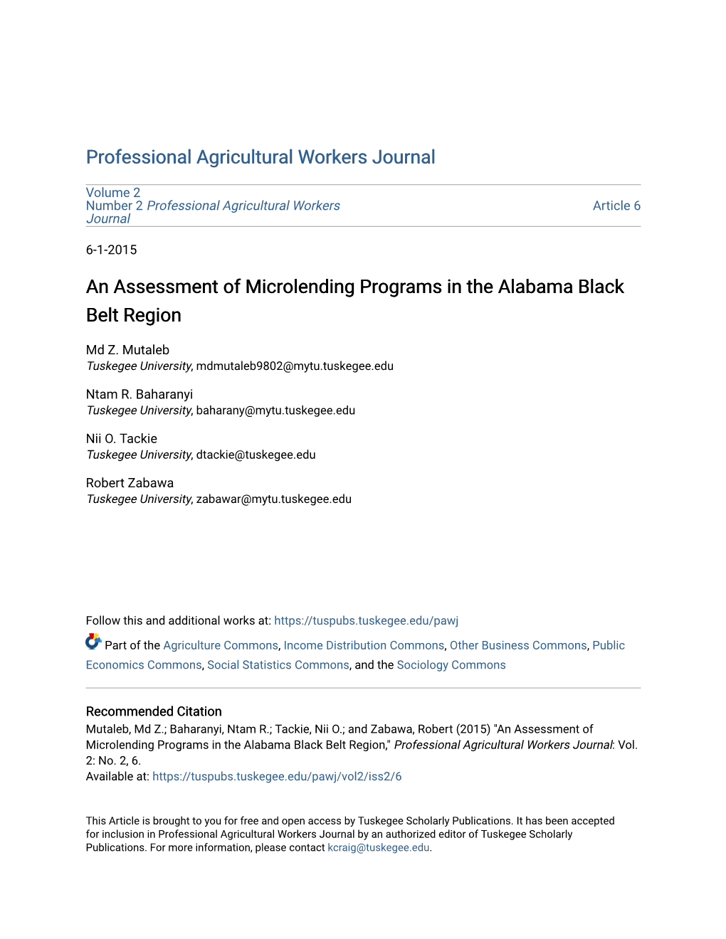 An Assessment of Microlending Programs in the Alabama Black Belt Region