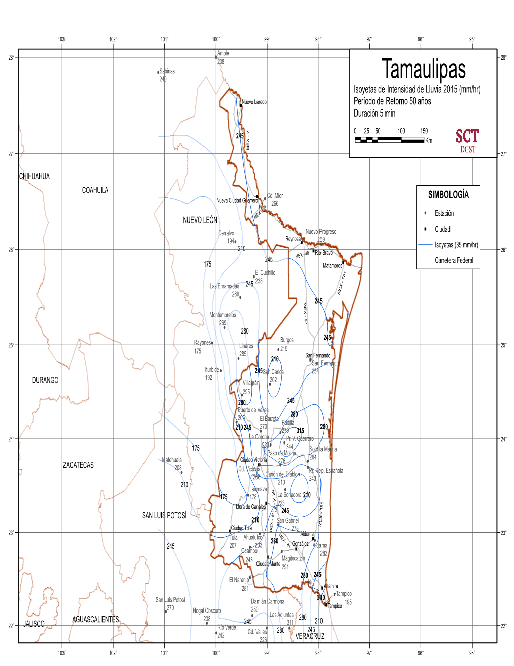 Tamaulipas Isoyetas De Intensidad De Lluvia 2015 (Mm/Hr)