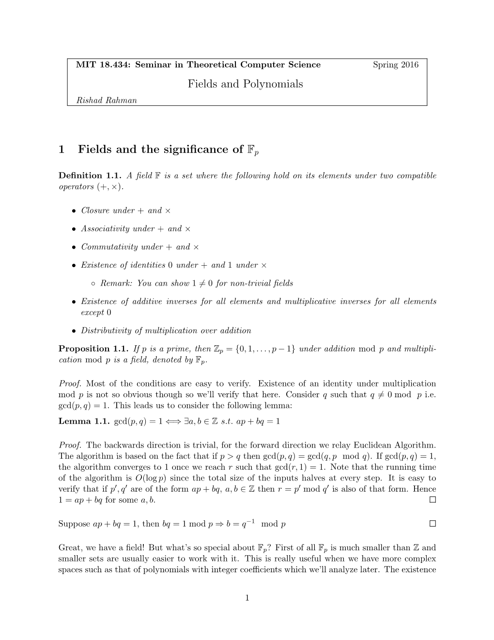 Fields and Polynomials 1 Fields and the Significance of Fp