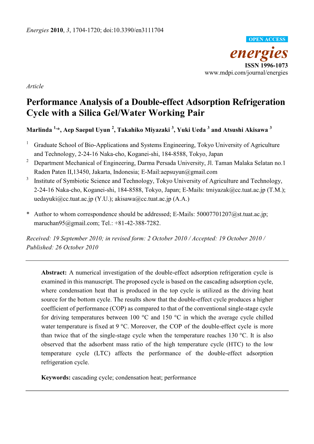 Performance Analysis of a Double-Effect Adsorption Refrigeration Cycle with a Silica Gel/Water Working Pair