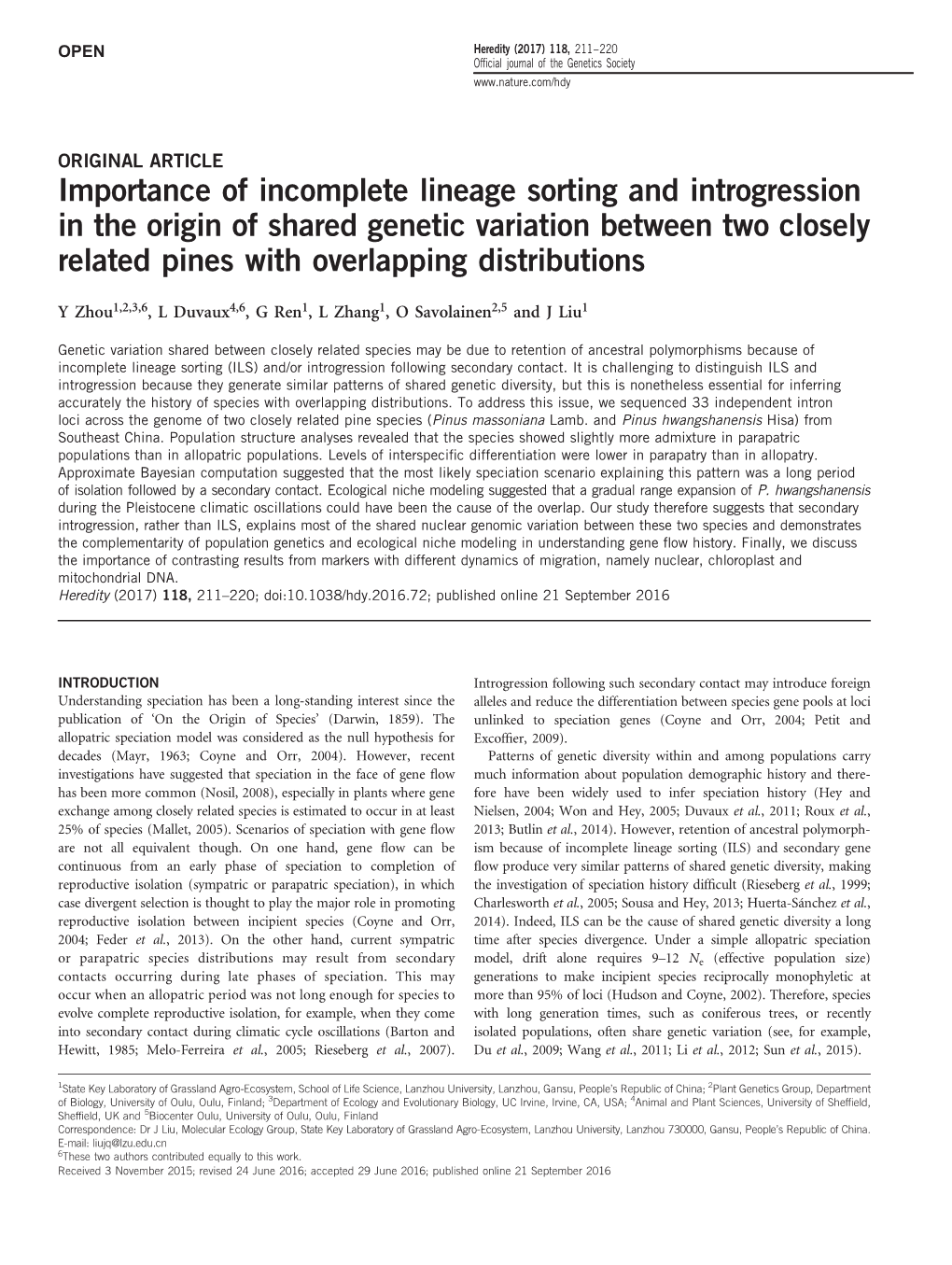 Importance of Incomplete Lineage Sorting and Introgression in the Origin of Shared Genetic Variation Between Two Closely Related Pines with Overlapping Distributions