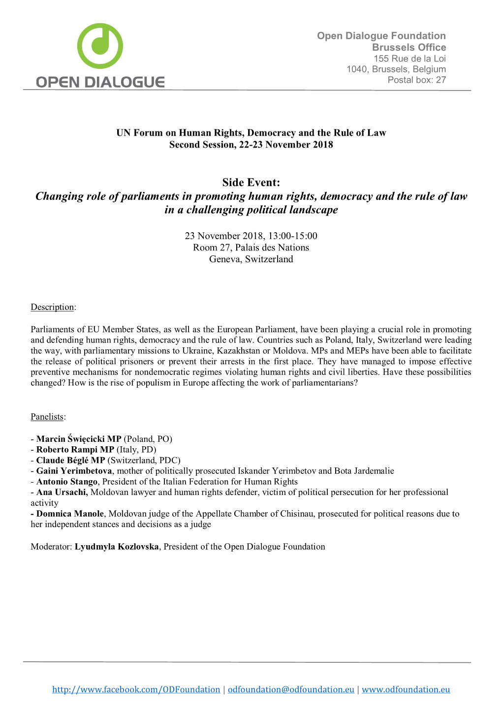 Changing Role of Parliaments in Promoting Human Rights, Democracy and the Rule of Law in a Challenging Political Landscape