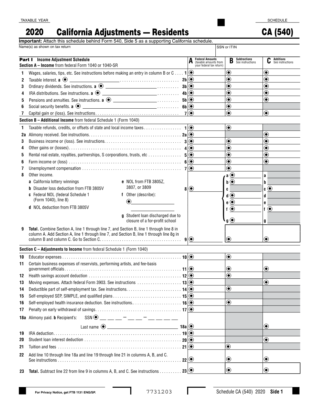 2020 Schedule CA (540) California Adjustments