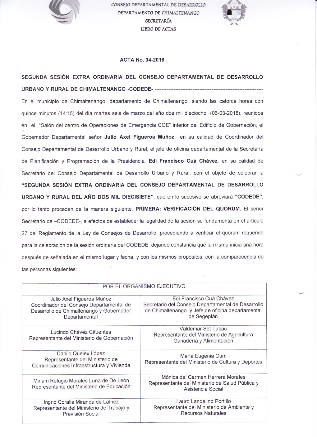 ACTA No.04-2018 SEGUNDA SESIÓN EXTRA ORDINARIA DEL