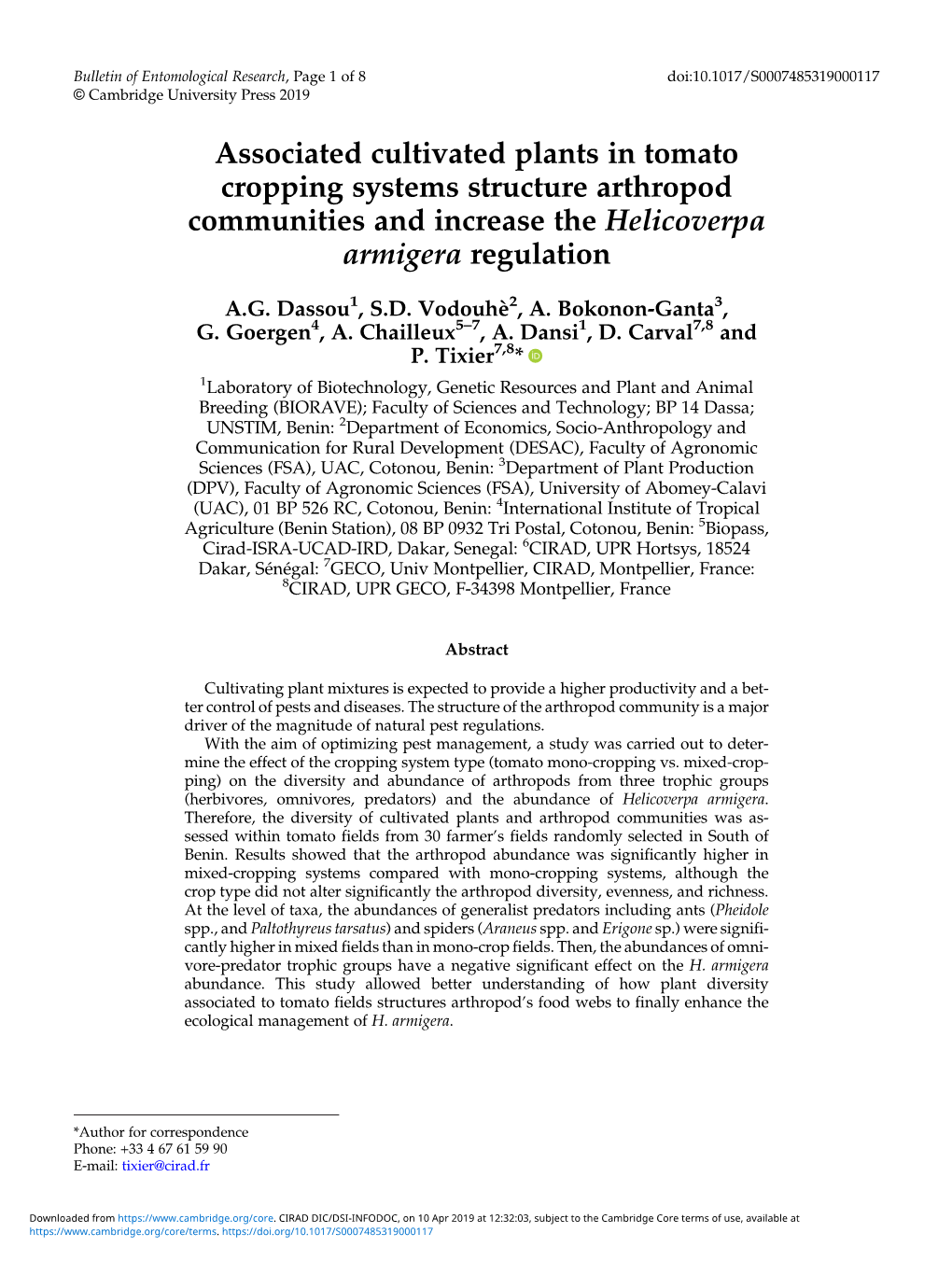 Associated Cultivated Plants in Tomato Cropping Systems Structure Arthropod Communities and Increase the Helicoverpa Armigera Regulation