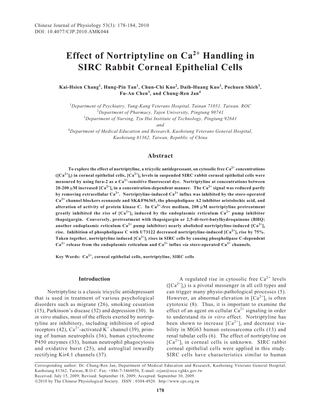 Effect of Nortriptyline on Ca2+ Handling in SIRC Rabbit Corneal Epithelial Cells