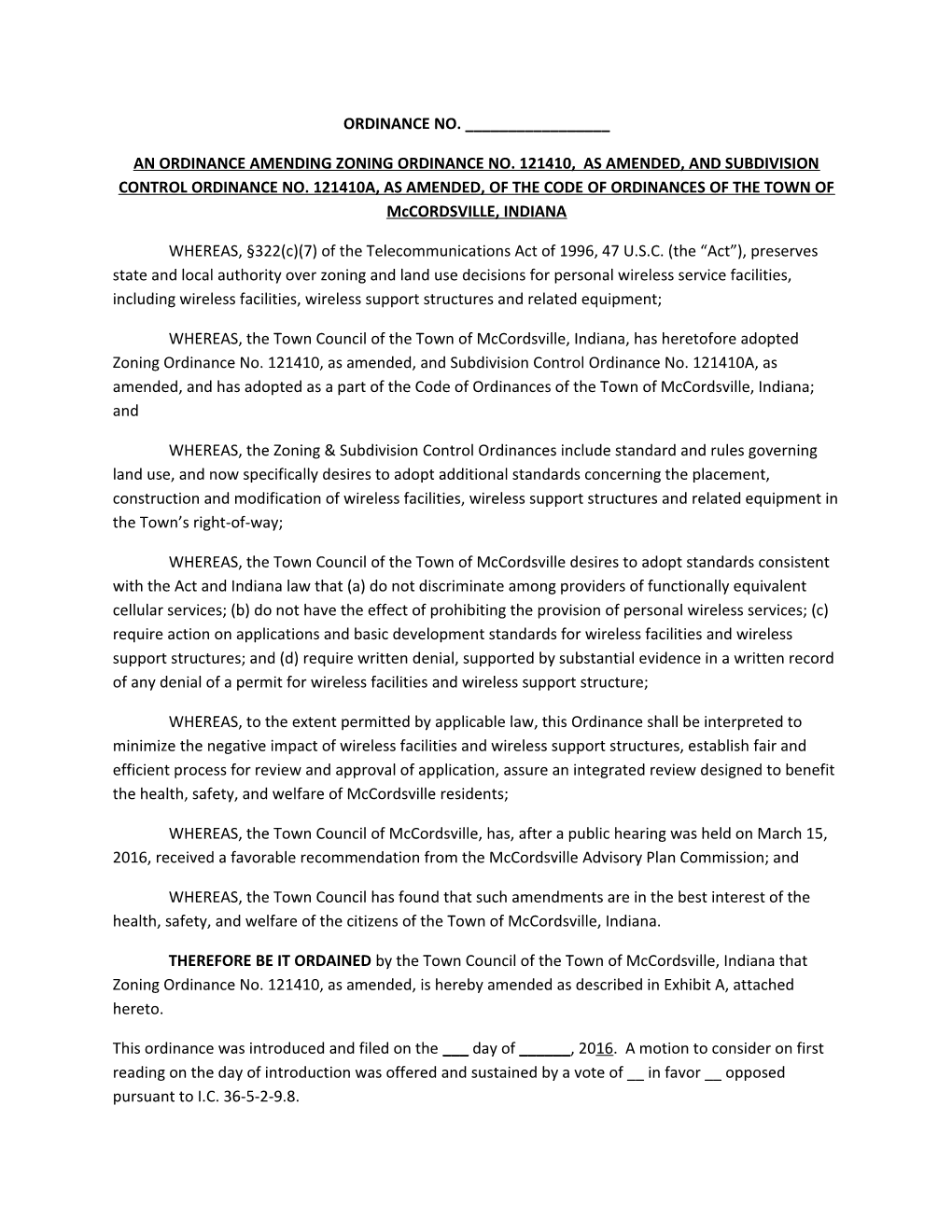 An Ordinance Amending Zoning Ordinance No. 121410, As Amended, and Subdivision Control