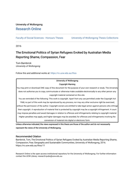 The Emotional Politics of Syrian Refugees Evoked by Australian Media Reporting Shame, Compassion, Fear