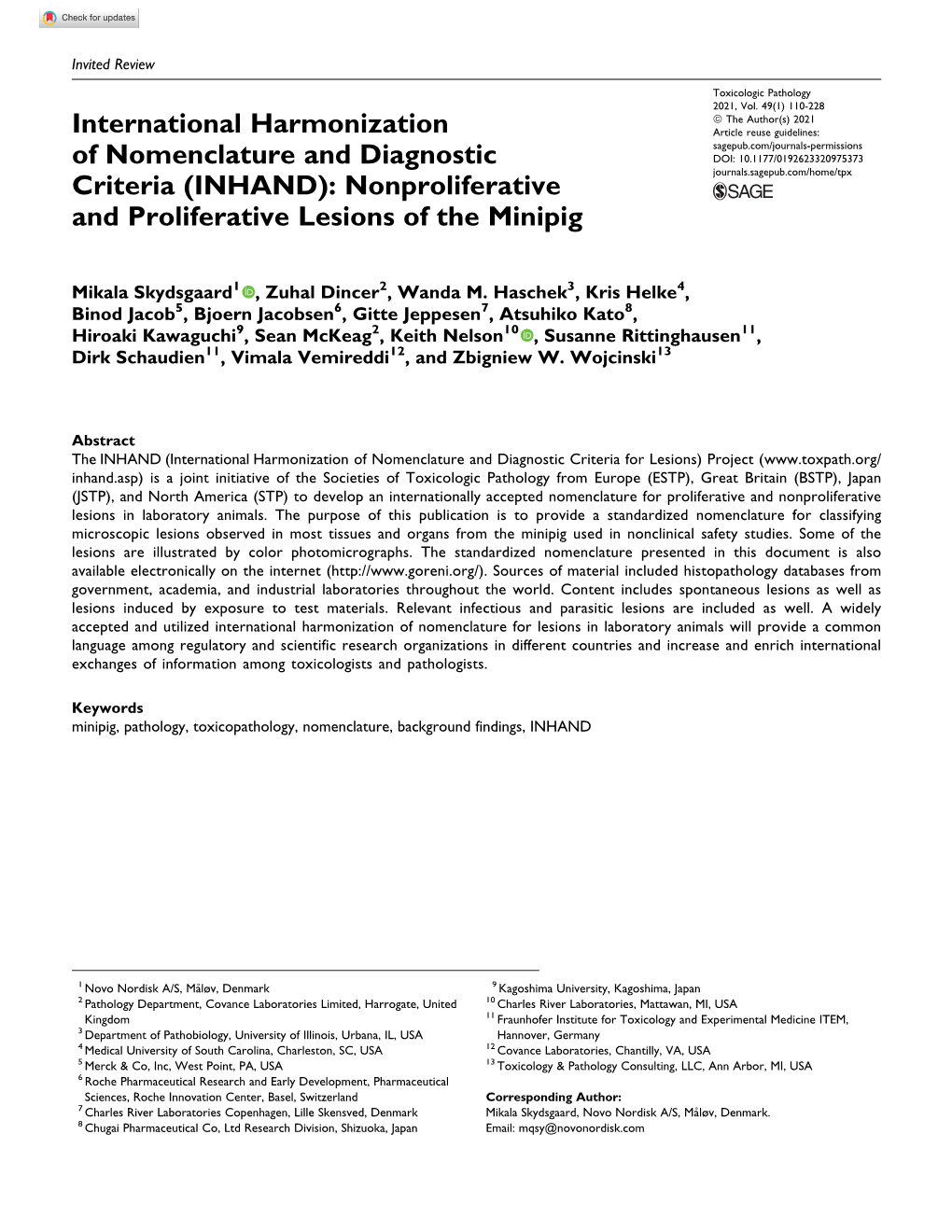 (INHAND): Nonproliferative and Proliferative Lesions of the Minipig