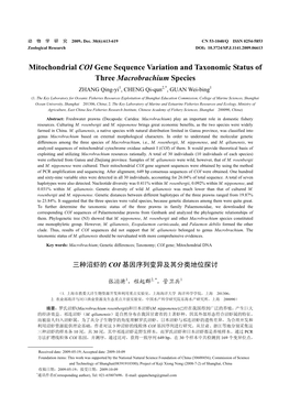 Mitochondrial COI Gene Sequence Variation and Taxonomic Status of Three Macrobrachium Species ZHANG Qing-Yi1, CHENG Qi-Qun2,*, GUAN Wei-Bing1 (1