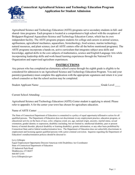 Connecticut Agricultural Science and Technology Education Program Application for Student Admission