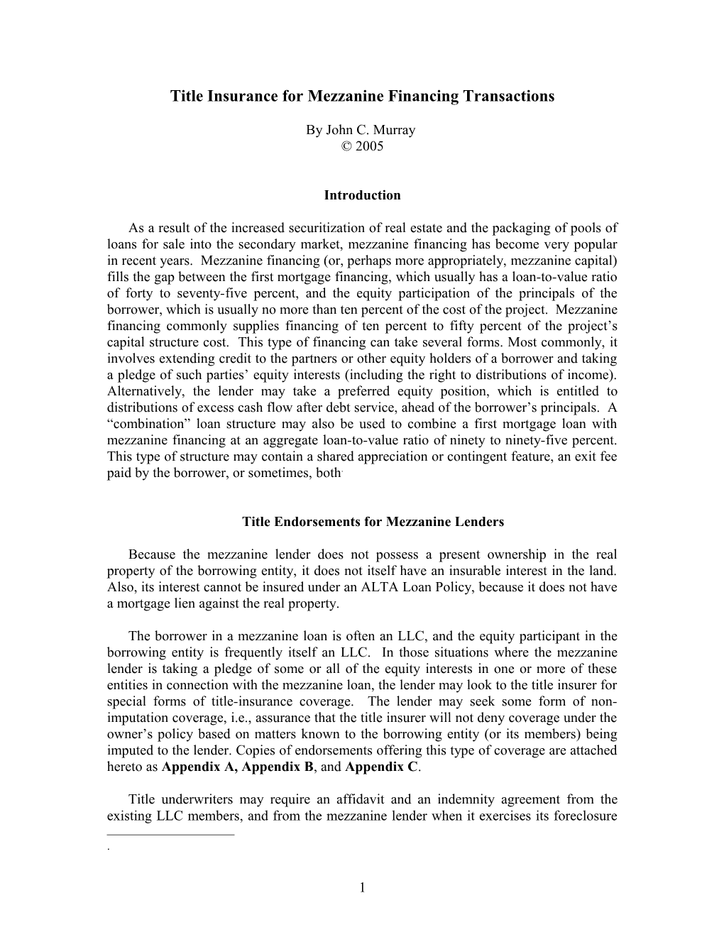 Title Insurance for Mezzanine Financing Transactions