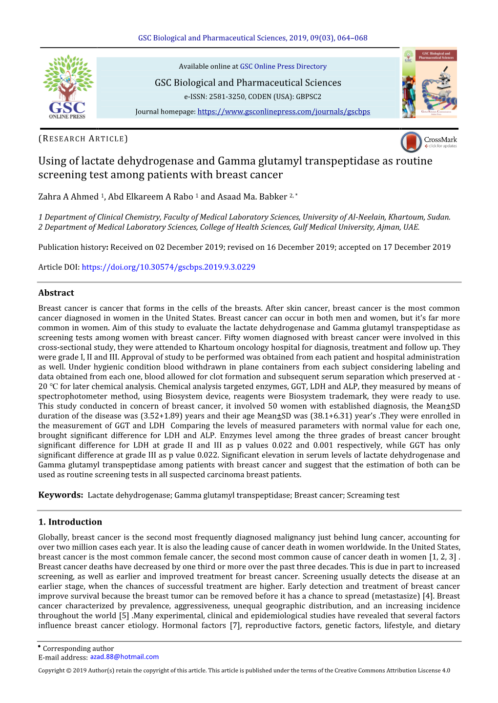 Using of Lactate Dehydrogenase and Gamma Glutamyl Transpeptidase As Routine Screening Test Among Patients with Breast Cancer