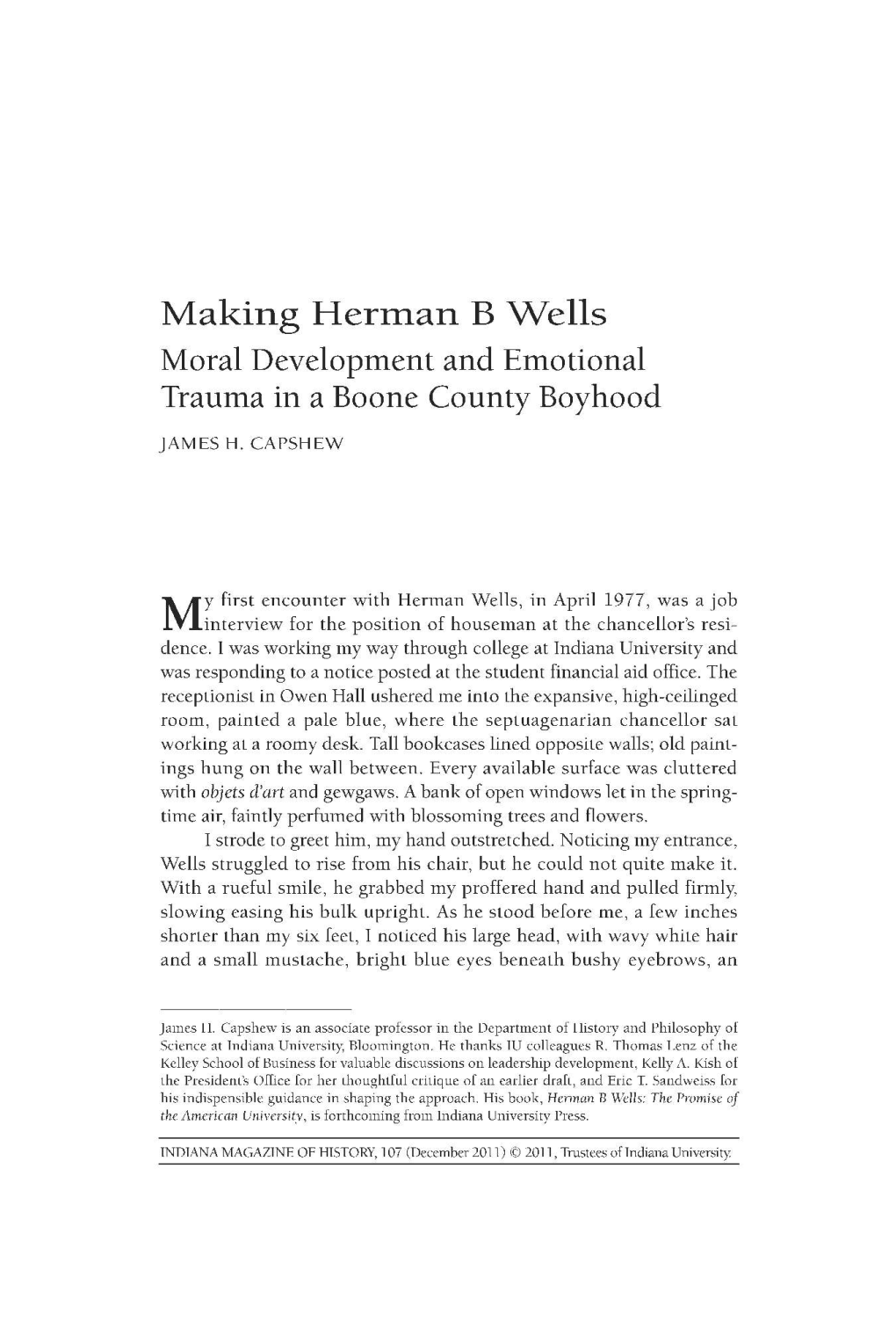 Making Herman B Wells Moral Development and Emotional Trauma in a Boone County Boyhood