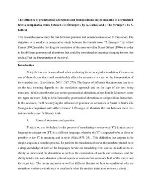 The Influence of Grammatical Alterations and Transpositions on the Meaning of a Translated Text: a Comparative Study Between « L’Étranger » by A