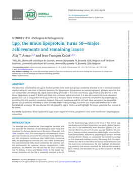 Lpp, the Braun Lipoprotein, Turns 50&Mdash