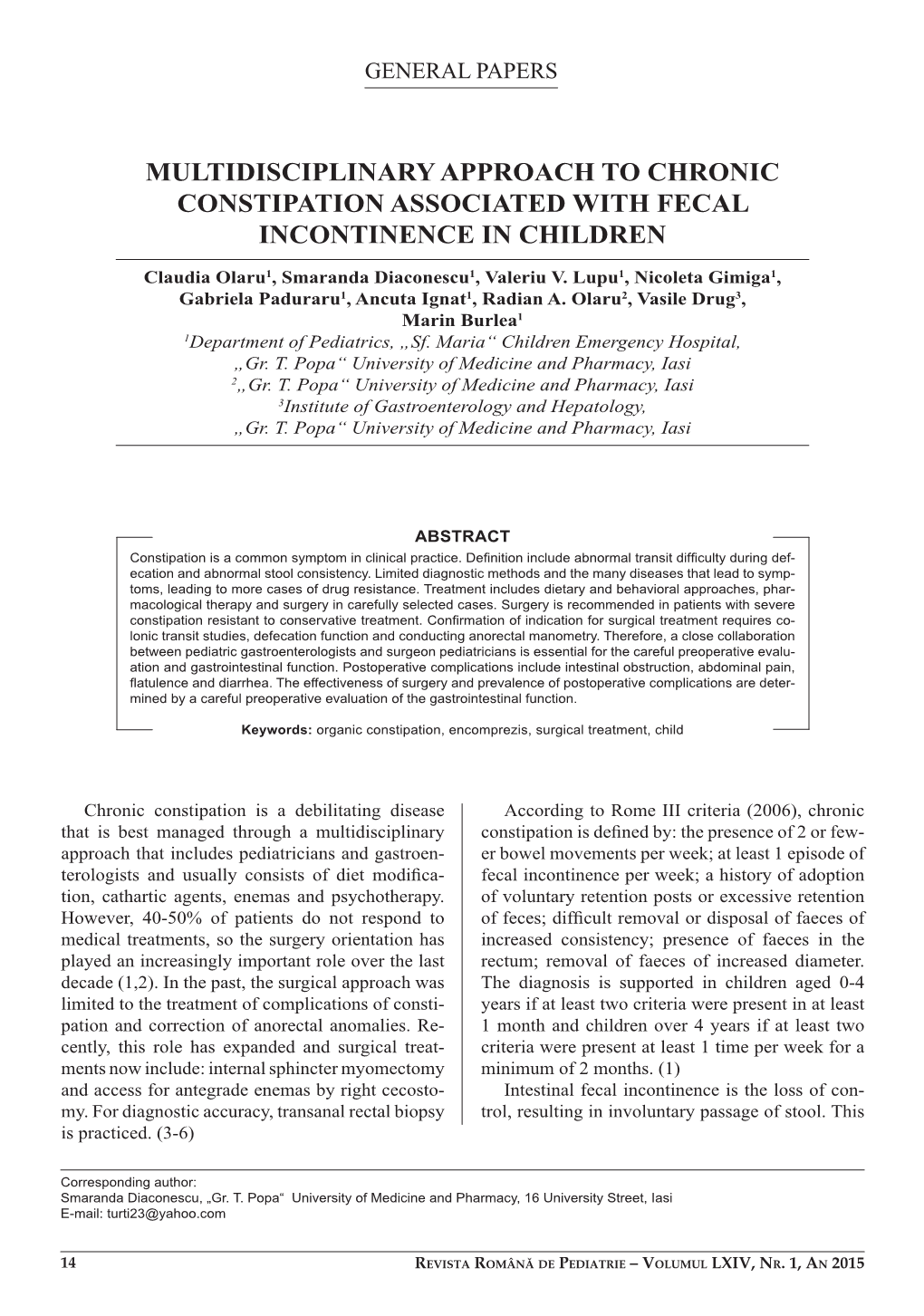 Multidisciplinary Approach to Chronic Constipation Associated with Fecal Incontinence in Children