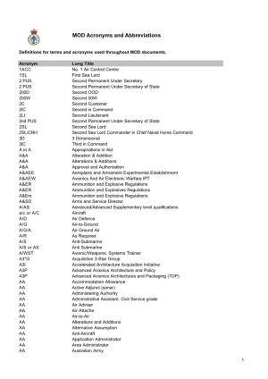 MOD Acronyms and Abbreviations