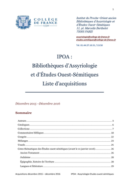 IPOA : Bibliothèques D’Assyriologie Et D’Études Ouest-Sémitiques Liste D’Acquisitions