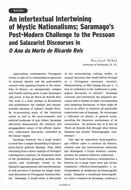 An Intertextual Intertwining of Mystic Nationalisms; Saramago's Post-Modern Challenge to the Pessoan and Salazarist Discourses in 0 Ano Da Morte De Ricardo Reis
