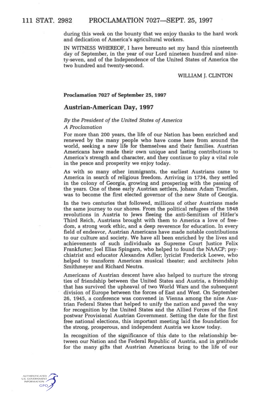 Ill STAT. 2982 PROCLAMATION 7027—SEPT. 25, 1997 Austrian