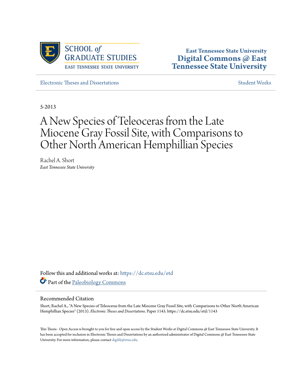 A New Species of Teleoceras from the Late Miocene Gray Fossil Site, with Comparisons to Other North American Hemphillian Species Rachel A