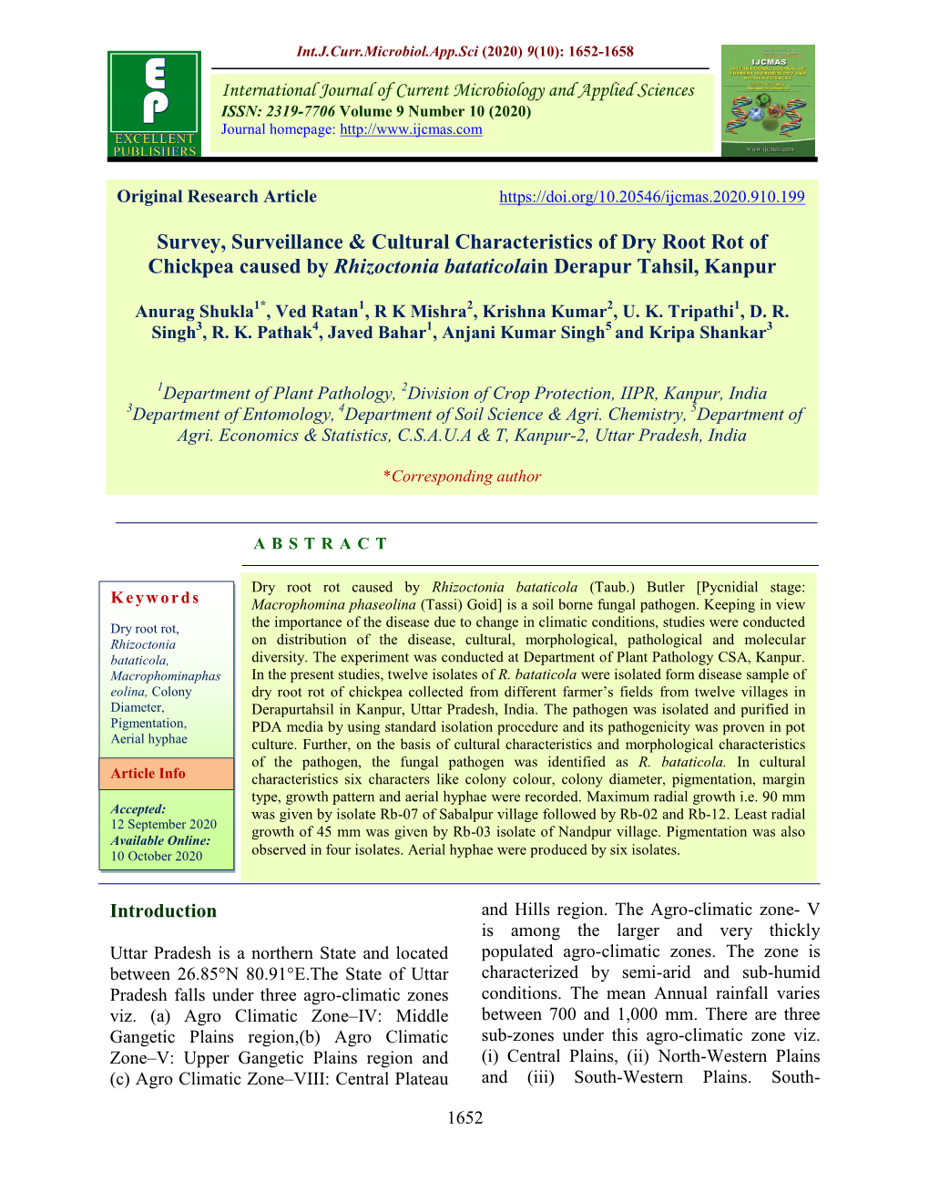 Survey, Surveillance & Cultural Characteristics of Dry Root Rot Of