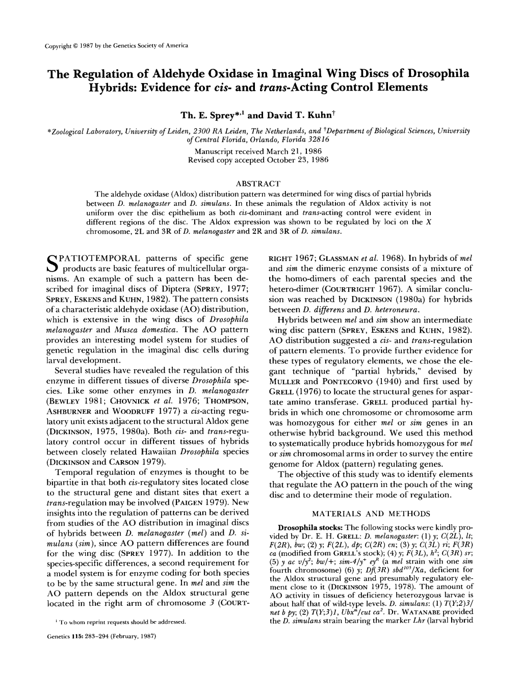 The Regulation of Aldehyde Oxidase in Imaginal Wing Discs of Drosophila Hybrids: Evidence for Cis- and Trans-Acting Control Elements