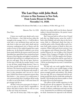 The Last Days with John Reed. a Letter to Max Eastman in New York, from Louise Bryant in Moscow, November 14, 1920