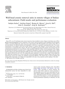 Well-Head Arsenic Removal Units in Remote Villages of Indian Subcontinent: Field Results and Performance Evaluation Sudipta Sarkara, Anirban Guptaa, Ranjan K