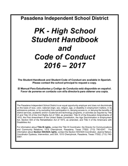 PK - High School Student Handbook and Code of Conduct 2016 – 2017
