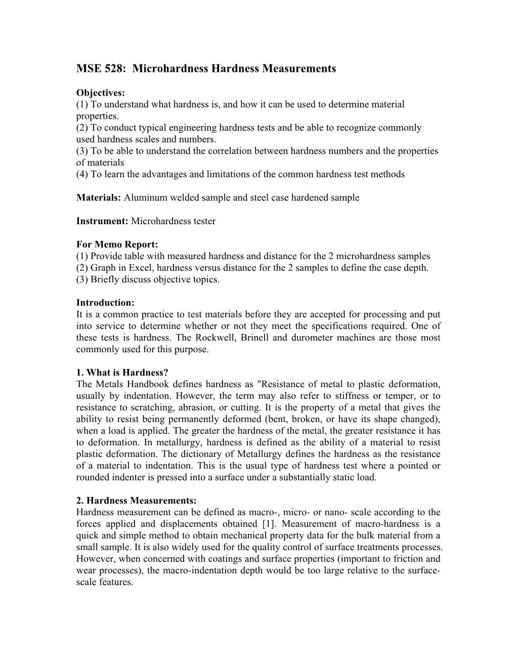 MSE 528: Microhardness Hardness Measurements