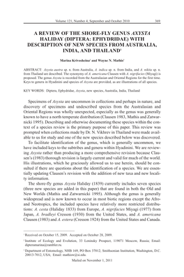 A Review of the Shore-Fly Genus Axysta Haliday (Diptera: Ephydridae) with Description of New Species from Australia, India, and Thailand1